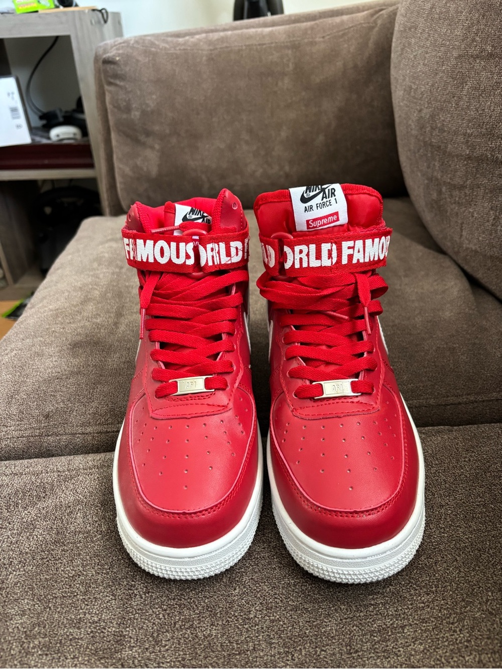 Nike x Supreme Red High-Top Sneakers with White Swoosh - Picture 3 of 4